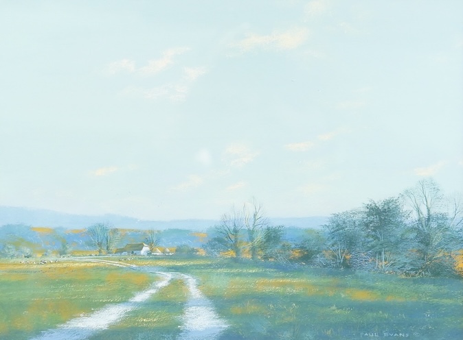 Paul Evans (b.1950), ‘Distant Downs at Dusk’, signed, Chichester House Gallery inscribed label verso, gouache, 20 x 27cm